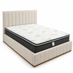 Cream color corduroy sofa and cream bed frame with mattress