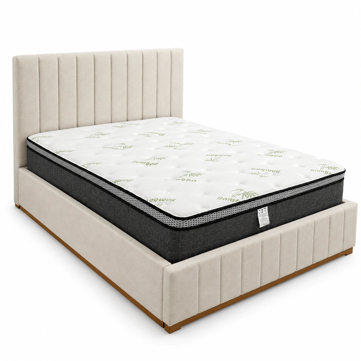 Cream color corduroy sofa and cream bed frame with mattress
