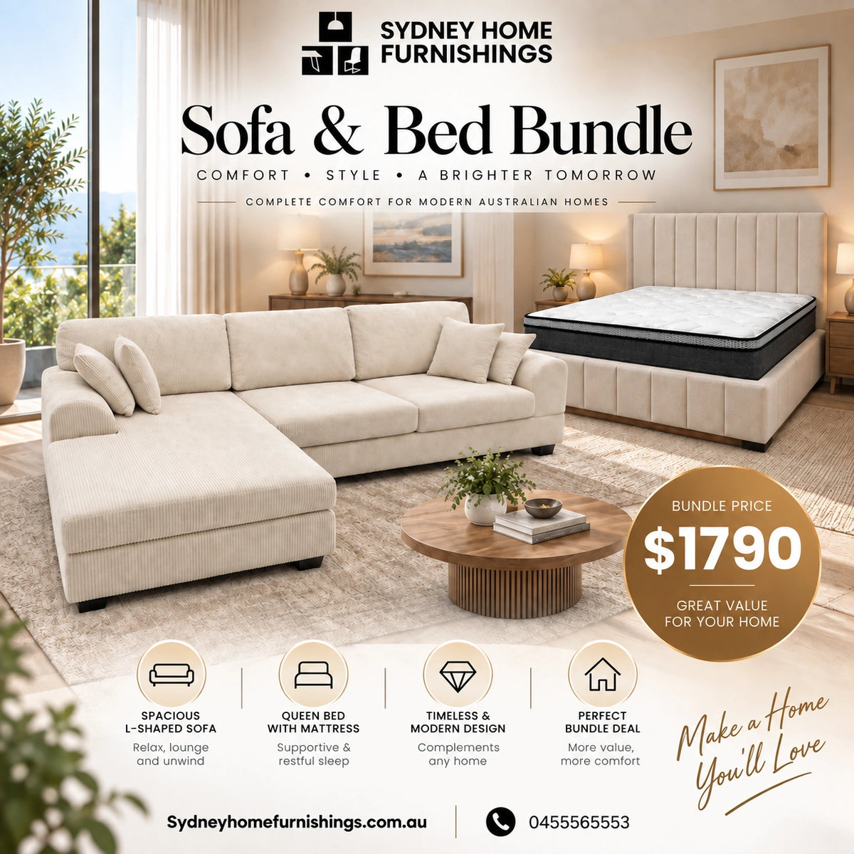 Cream color corduroy sofa and cream bed frame with mattress