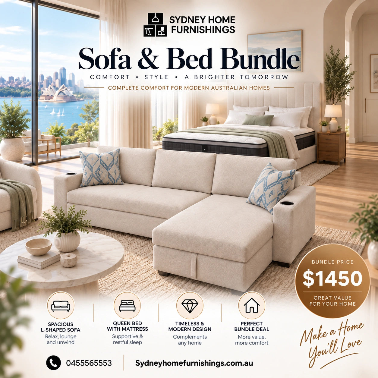 Compact practical sofabed and queen bed set