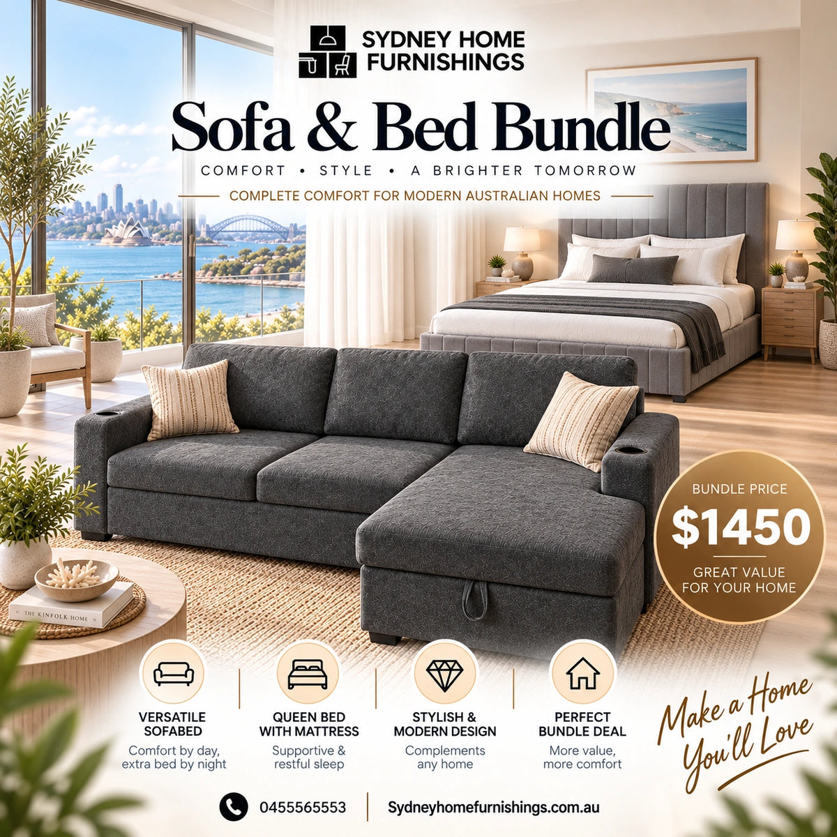 Compact sofabed with storage and queen bed set