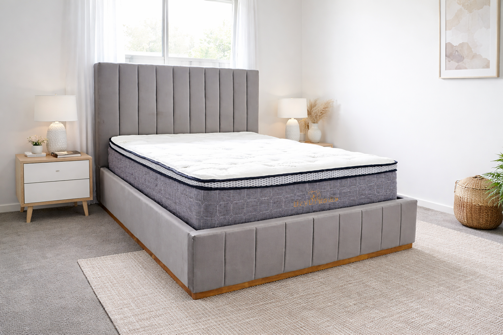 Dark grey corduroy sofa and queen bed set