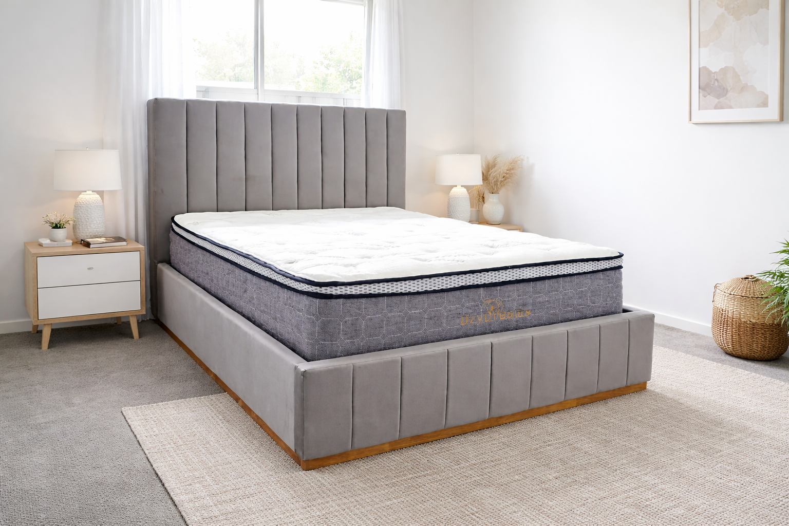 Dark grey corduroy sofa and queen bed set