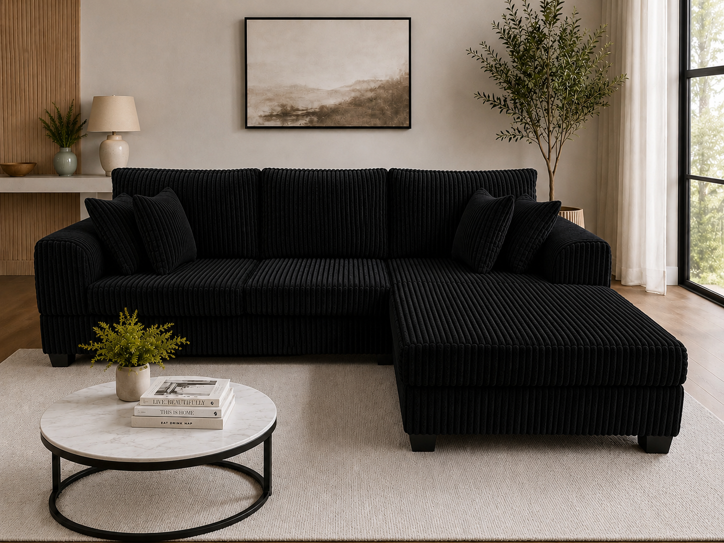 Luxury Corduroy L shape sofa. Reversible chaise