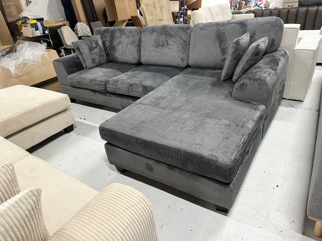 Noosa Corduroy Sofa. Dark grey reversible chaise.