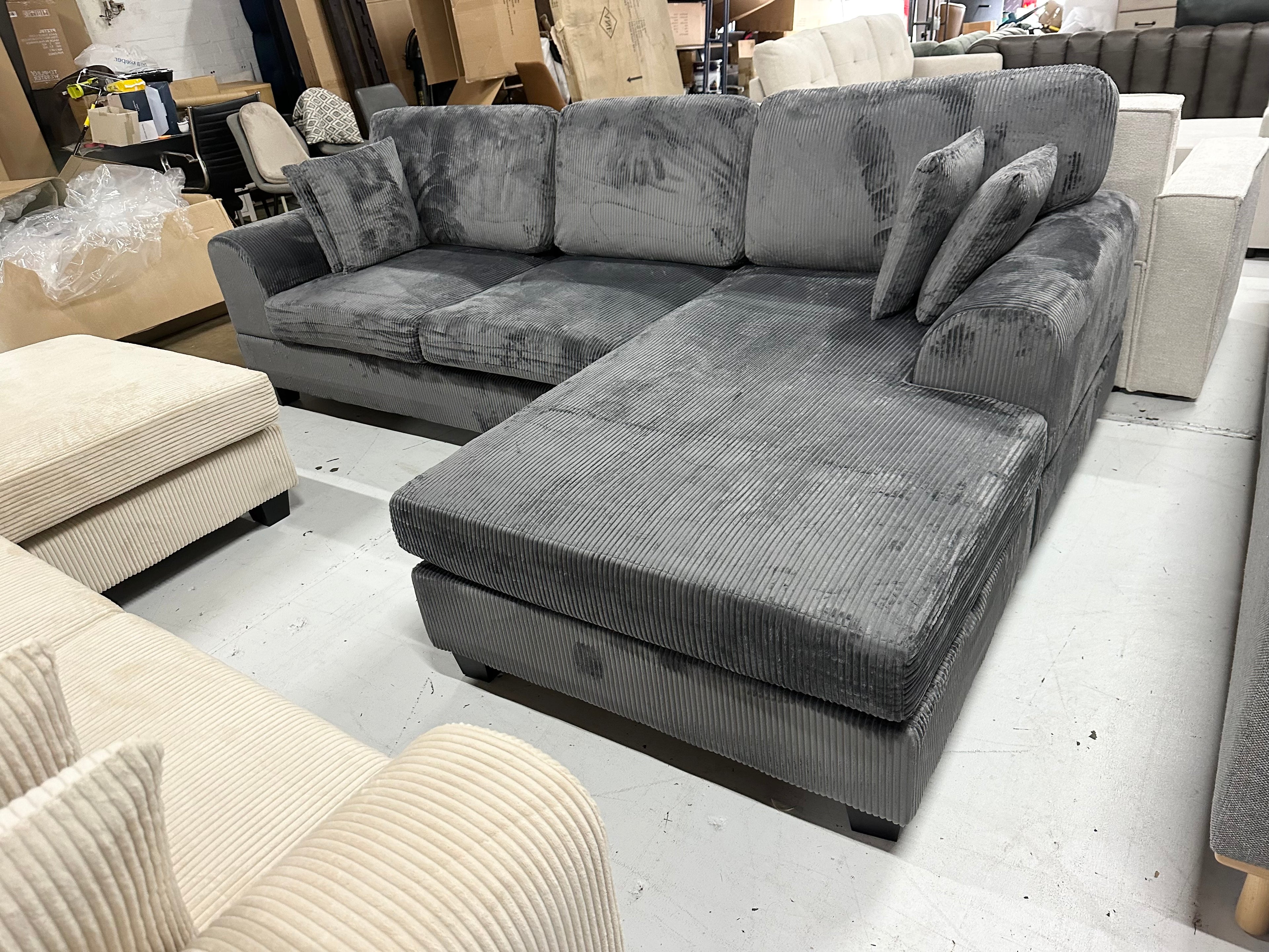 Noosa Corduroy Sofa. Dark grey reversible chaise.