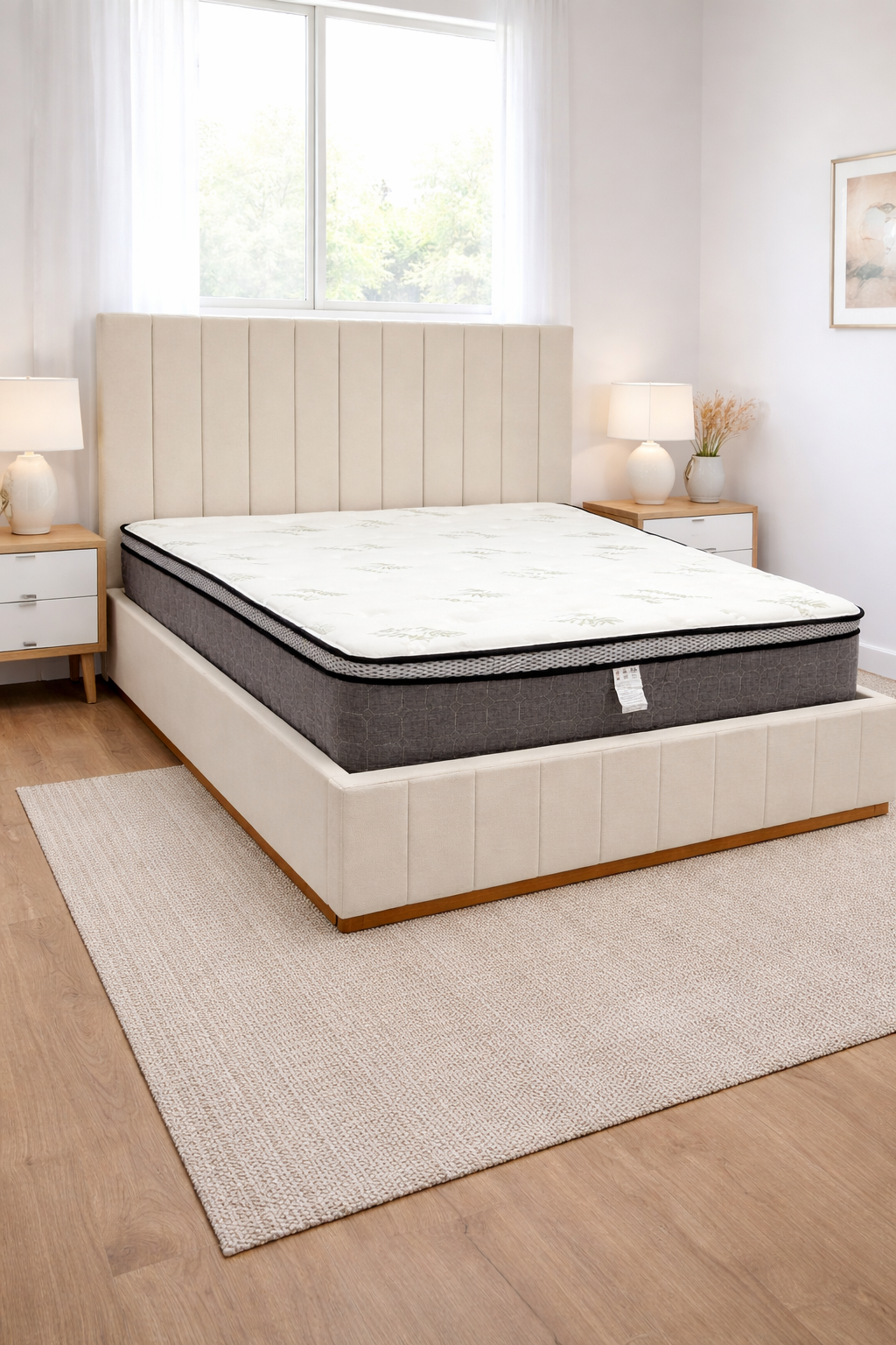 Cream color corduroy sofa and cream bed frame with mattress