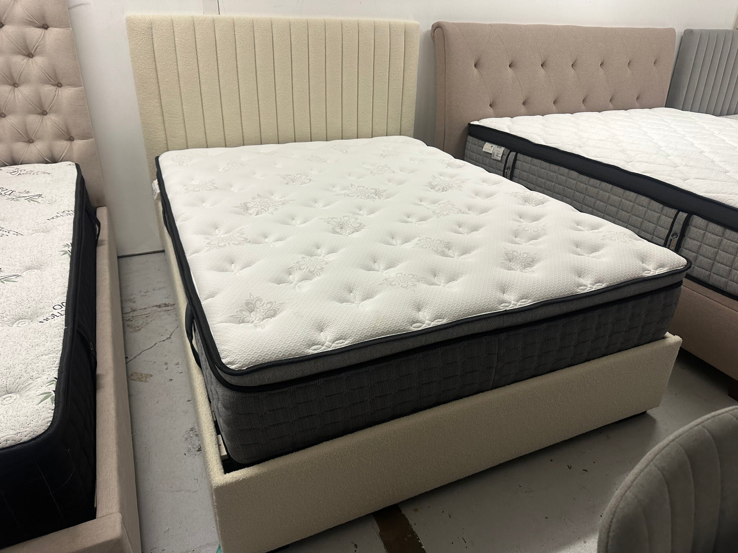 Beautiful boucle fabric queen bed frame and 34cm Mattress