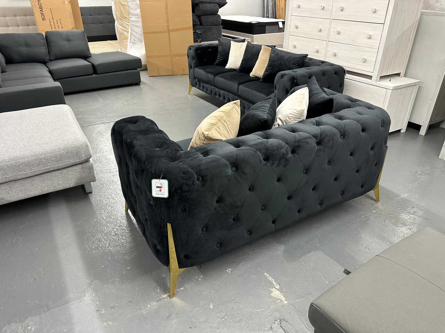 🔥Black velvet Chesterfield style sofa set with golden color legs. Special deal. Delivery and installation within Sydney metro included🔥