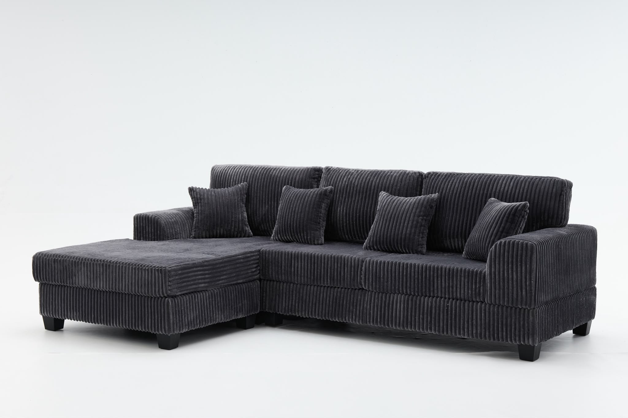 Noosa Corduroy Sofa. Black color reversible chaise.