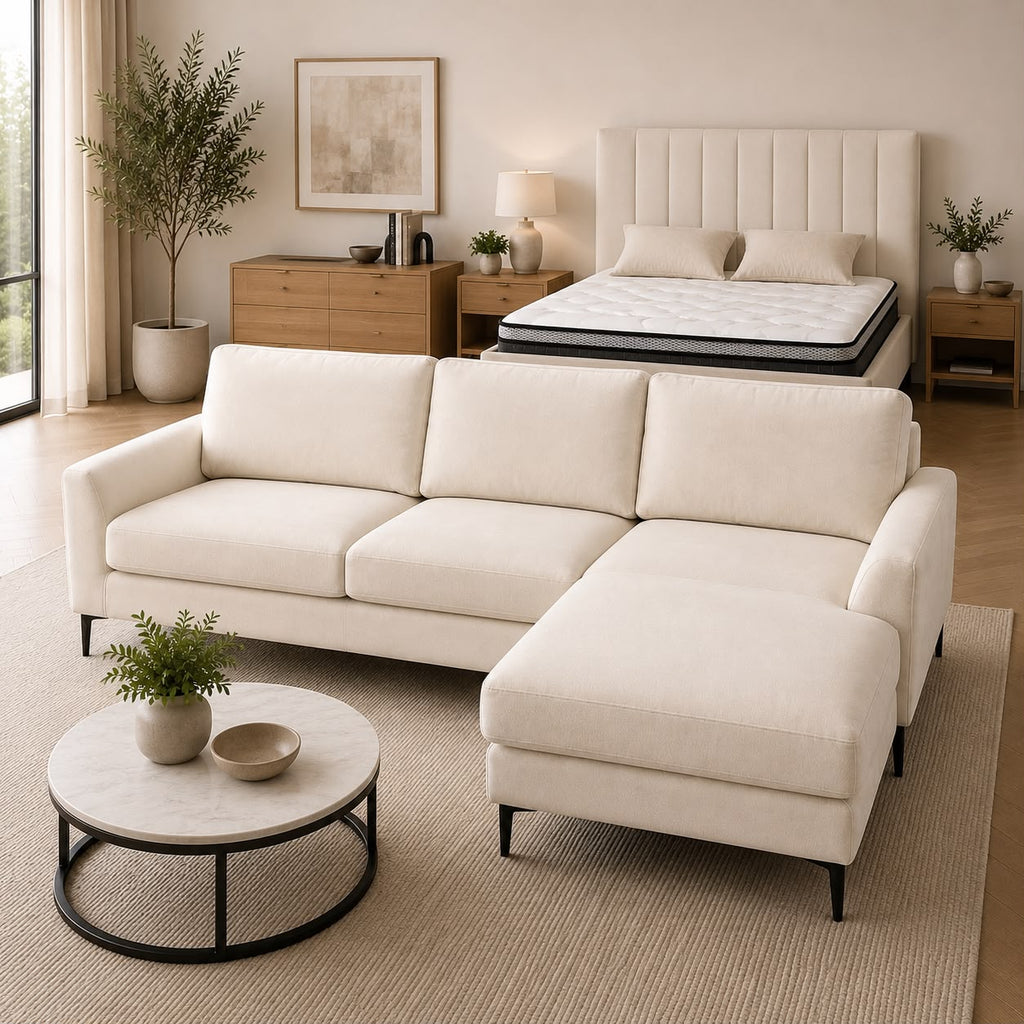 Dark grey corduroy sofa and queen bed set
