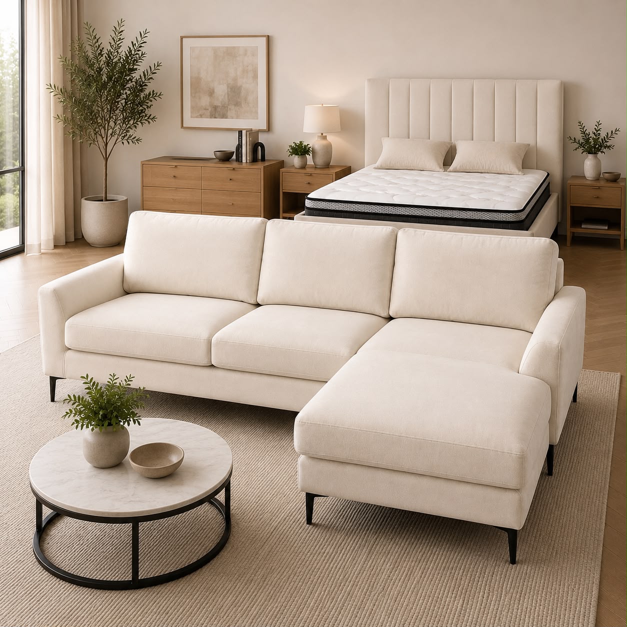 Dark grey corduroy sofa and queen bed set