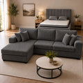 Grey color corduroy sofa and cream bed frame with mattress