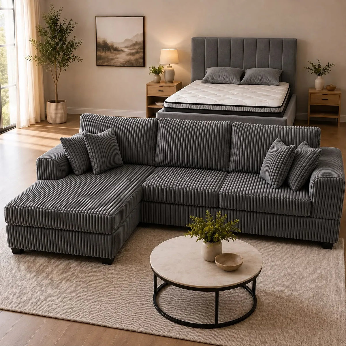 Grey color corduroy sofa and cream bed frame with mattress