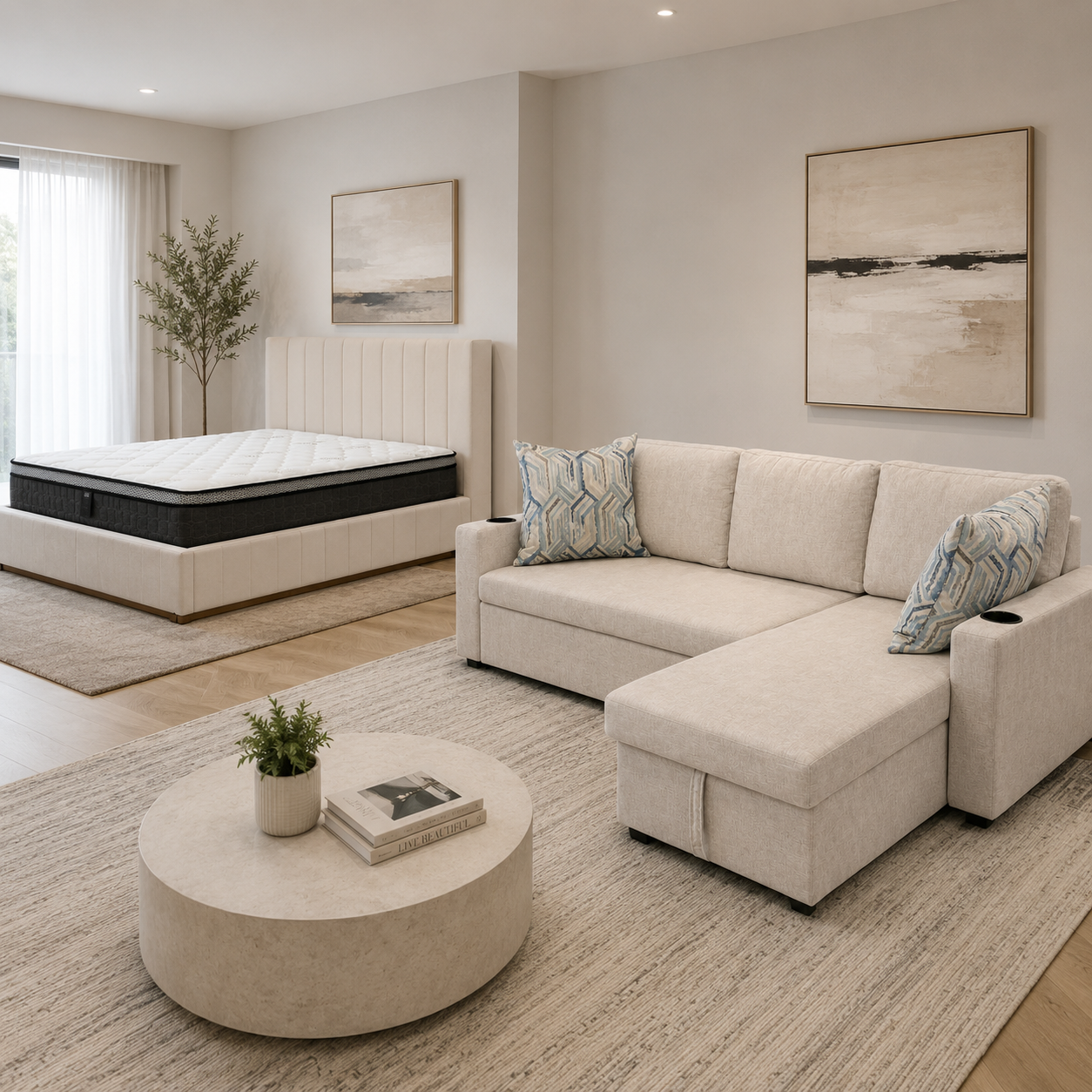 Compact practical sofabed and queen bed set