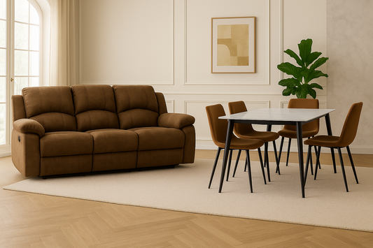 Café Mocha Comfort Duo – Techno-Fabric Recliner Sofa & 4-Seater Marble Dining Set
