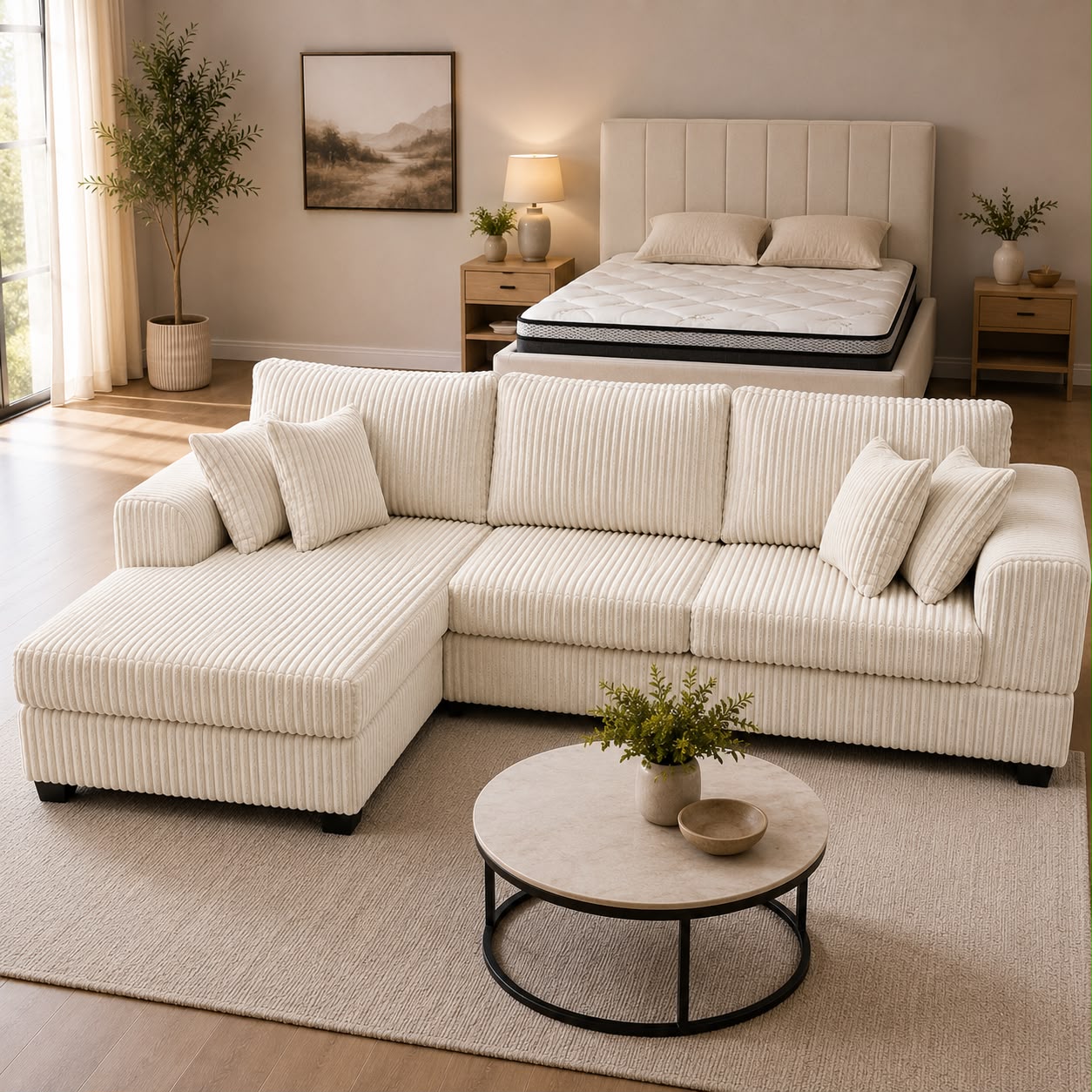 Cream color corduroy sofa and cream bed frame with mattress