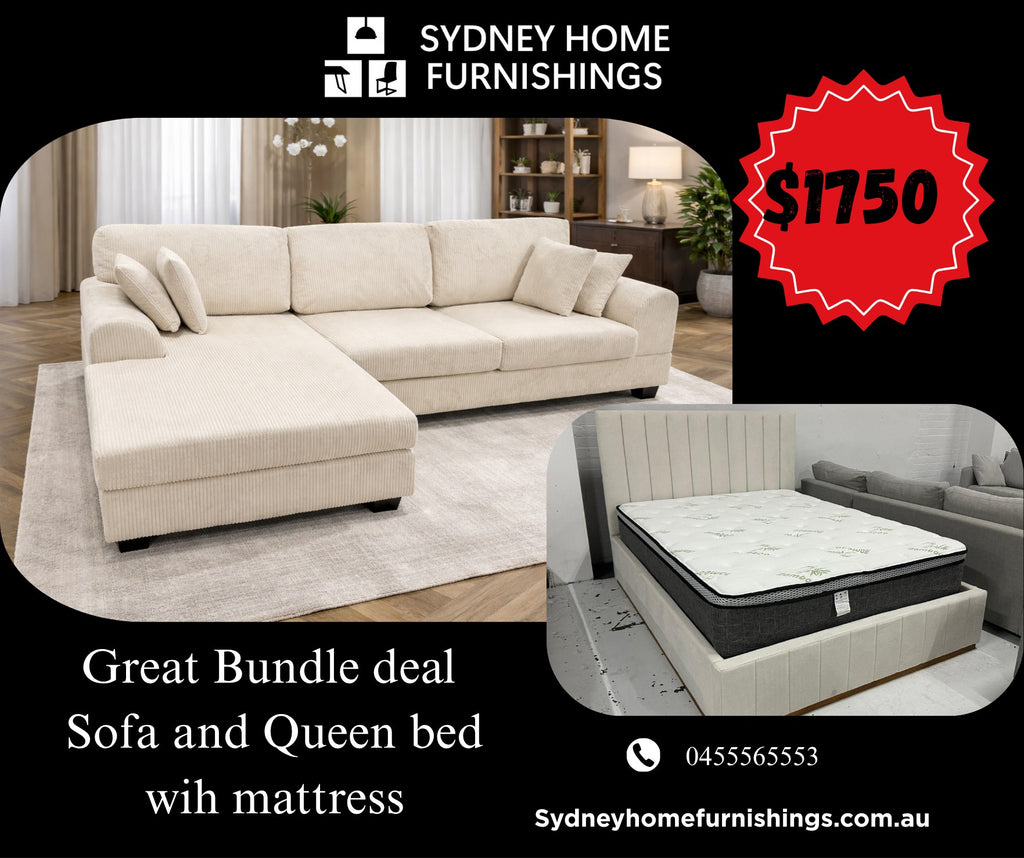 Cream color corduroy sofa and cream bed frame with mattress