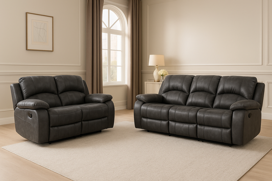 Boston Recliner Sofa Set – 3-Seater & 2-Seater in Charcoal Grey Leather-Look Fabric