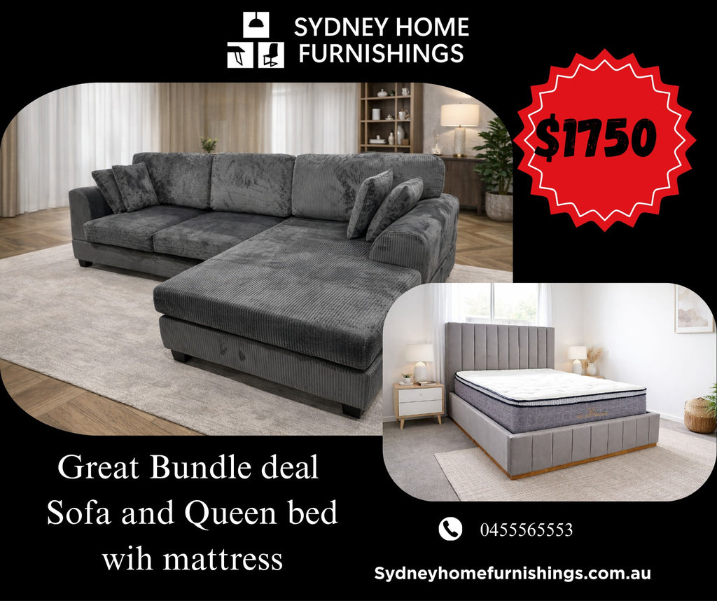 Dark grey corduroy sofa and queen bed set