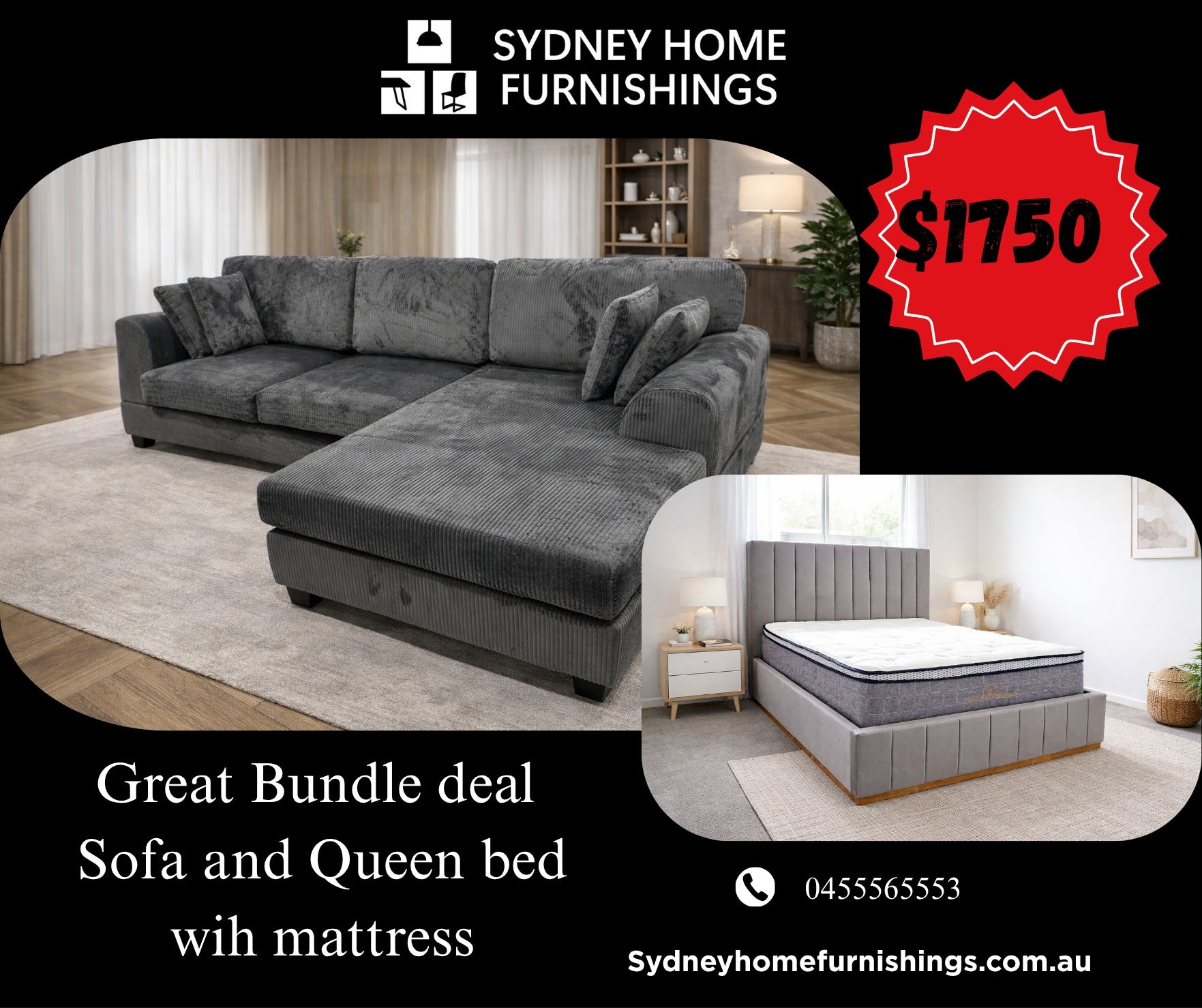 Dark grey corduroy sofa and queen bed set