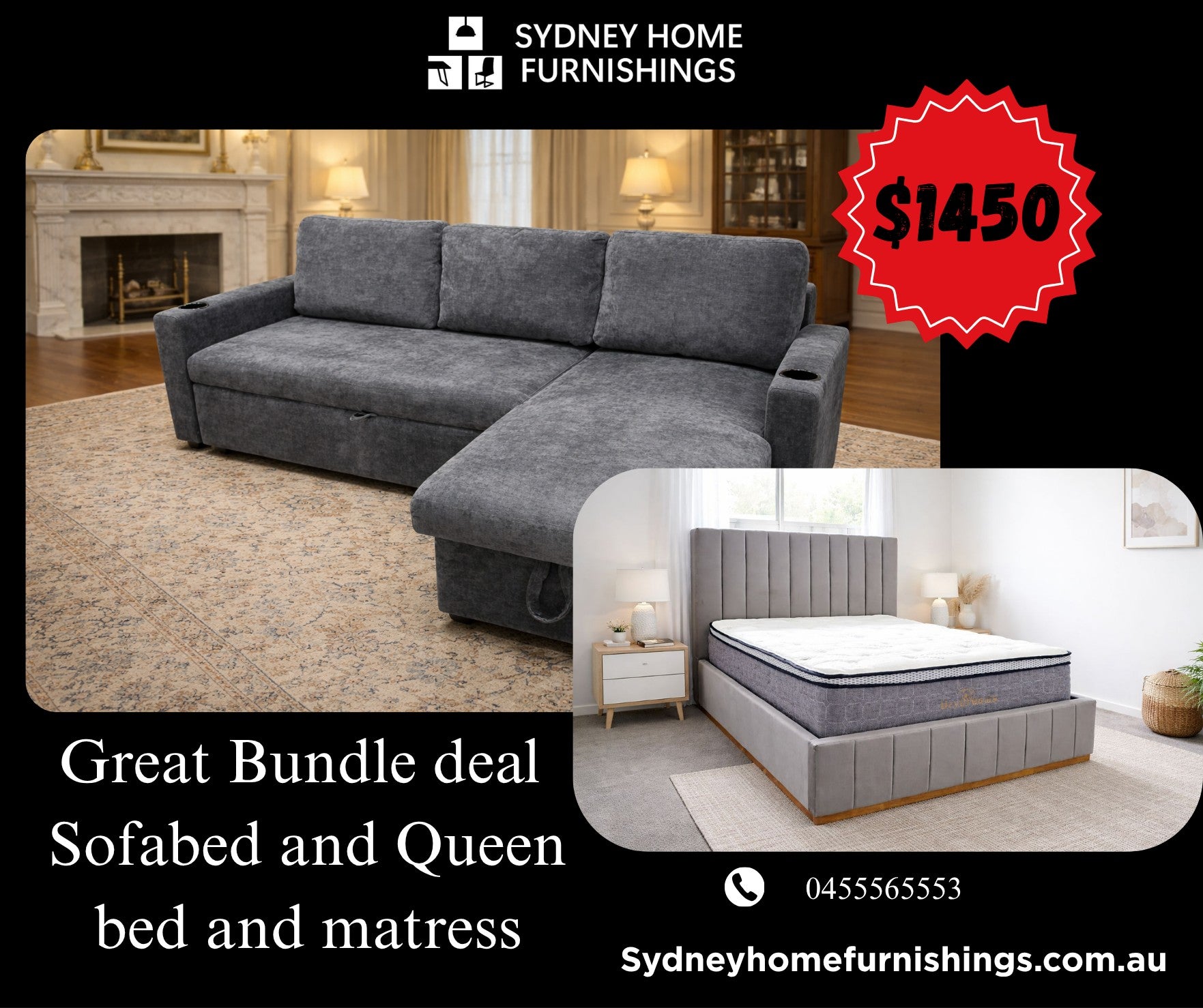 Compact sofabed with storage and queen bed set