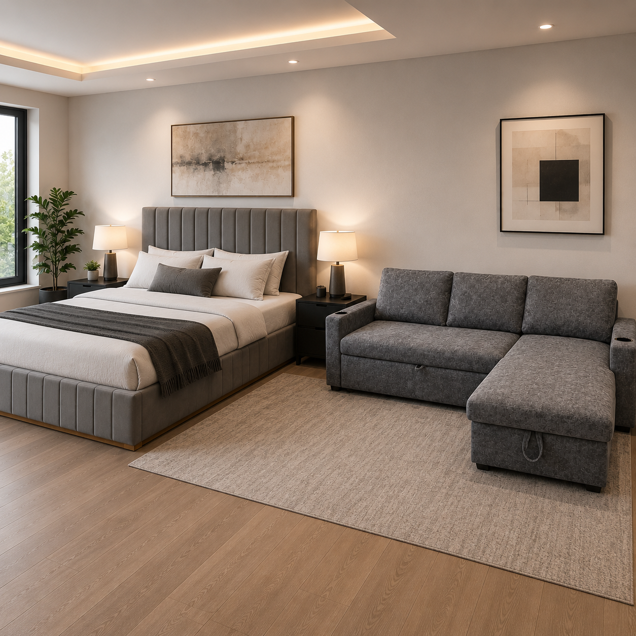 Compact sofabed with storage and queen bed set
