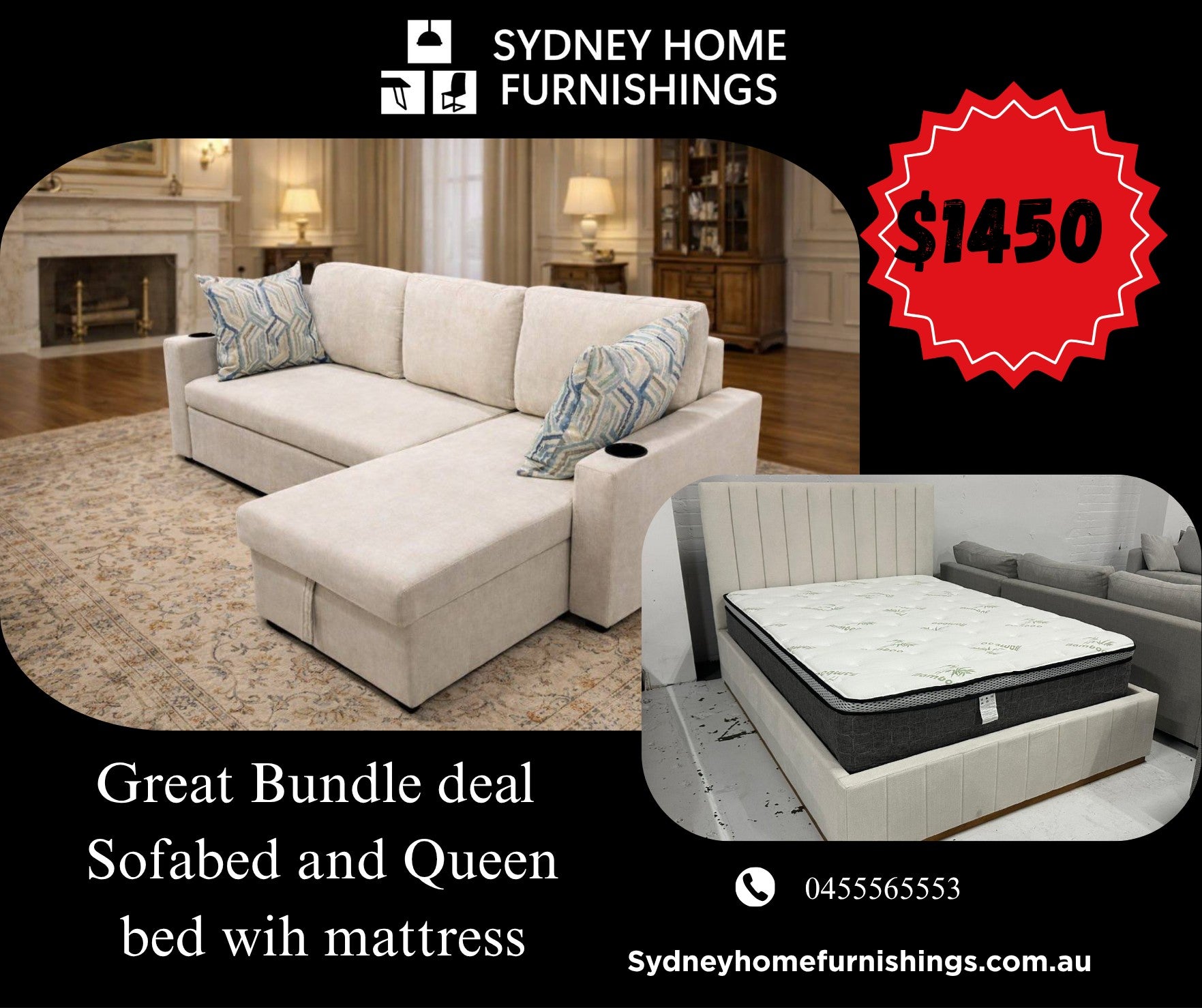 Compact practical sofabed and queen bed set